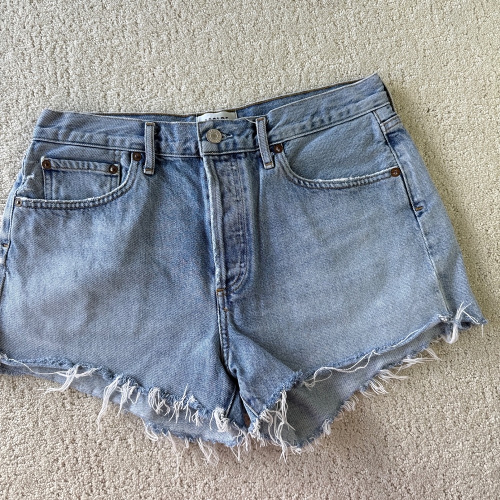 AGOLDE Parker Denim Shorts Women 28 Light Blue Distressed High Rise Raw Hem